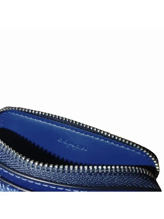 Coach Denim Blue Quilted Smooth Leather Zip Closure Wallet Chain Card Slots Silv - Picture 8 of 13